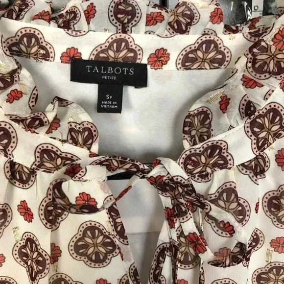 Talbots Medallion Print, lettuce ruffle v-neck tie, metallic threads, lined - Picture 6 of 9